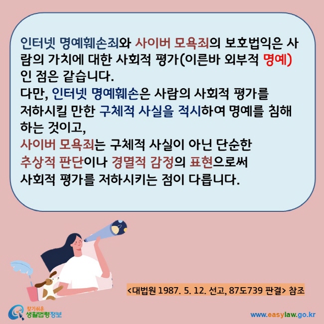 
인터넷 명예훼손죄와 사이버 모욕죄의 보호법익은 사람의 가치에 대한 사회적 평가인( 이른바 외부적 명예)인 점은 같습니다. 다만, 인터넷 명예훼손죄는 사람의 사회적 평가를 저하시킬 만한 구체적 사실의 적시를 하여 명예를 침해하는 것이고, 
사이버 모욕죄는 구체적 사실이 아닌 단순한 추상적 판단이나 경멸적 감정의 표현으로서 사회적 평가를 저하시키는 점이 다릅니다.